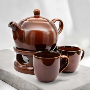 Czajnik 1L Dzbanek z podgrzewaczem zestaw z 2 kubkami Imbryk Brązowy Połysk Tragar T-56 2