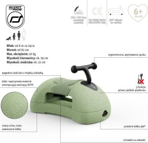 Scoot and Ride My First 3w1 pchacz, jeździk i deska na kółkach dla dzieci 6 m+, kolor: Olive 18