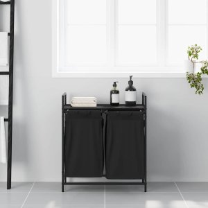 Kosz na pranie vidaXL Kosz na pranie 2 przegrody z półką, czarny dąb 3