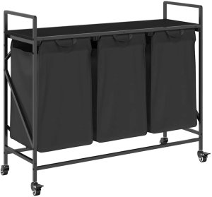 Kosz na pranie vidaXL Kosz na pranie 3 przegrody z kółkami, czarny dąb 2