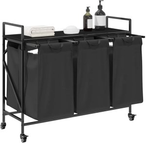 Kosz na pranie vidaXL Kosz na pranie 3 przegrody z kółkami, czarny dąb 4