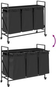 Kosz na pranie vidaXL Kosz na pranie 3 przegrody z kółkami, czarny dąb 9