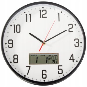 Zegar ścienny duży cichy 30cm okrągły wskazówkowy data temperatura drewno 1