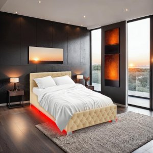 Łóżko tapicerowane z oświetleniem LED i schowkiem - beżowy, 120 x 200 cm 2