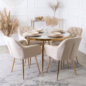 Zestaw Krzesło Tapicerowane Welurowe Kremowe Jadalnia Salon Złote RAYA 4x 3