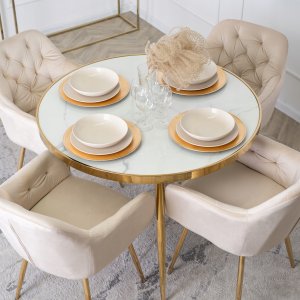 Zestaw Krzesło Tapicerowane Welurowe Kremowe Jadalnia Salon Złote RAYA 4x 6