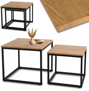 Stolik Kawowy Kwadratowy Zestaw 2w1 Ława Loft Czarny Dąb Złoty CARMI 1