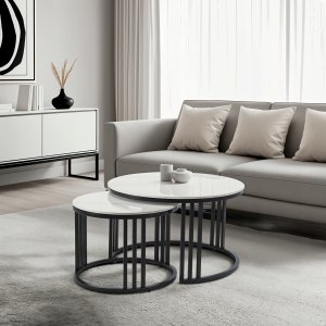 Stolik Kawowy Okrągły Zestaw 2w1 Ława Do Salonu Biały Połysk Marmur JERRY 2