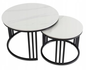 Stolik Kawowy Okrągły Zestaw 2w1 Ława Do Salonu Biały Połysk Marmur JERRY 3