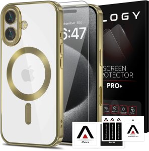 Etui Case MagSafe Case do iPhone 16 Plus Glamour Luxury obudowa Slim Ring Alogy złote przezroczyste + szkło hartowane 1