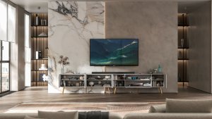 Meble Lindner Komoda RTV Glamour Nowoczesna Szafka RTV Biały Mat Ryflowane fronty Złote Nogi Metalowe Loft 300 cm 4