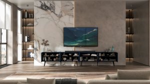 Szafka RTV Glamour Komoda RTV Granatowy MAT 300 cm Loft Ryflowana Nogi czarne metalowe 4