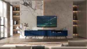 Meble Lindner Komoda RTV Glamour Nowoczesna Szafka RTV Granatowy Mat Ryflowane fronty Czarne Nogi Metalowe Loft 300 cm 2