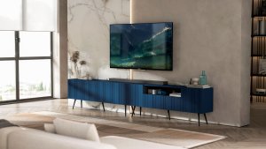 Meble Lindner Komoda RTV Glamour Nowoczesna Szafka RTV Granatowy Mat Ryflowane fronty Czarne Nogi Metalowe Loft 300 cm 3