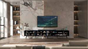 Meble Lindner Komoda RTV Glamour Nowoczesna Szafka RTV Granatowy Mat Ryflowane fronty Czarne Nogi Metalowe Loft 300 cm 4