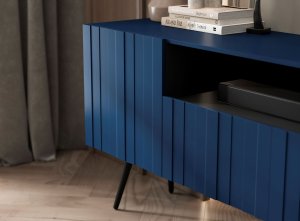 Meble Lindner Komoda RTV Glamour Nowoczesna Szafka RTV Granatowy Mat Ryflowane fronty Czarne Nogi Metalowe Loft 300 cm 5