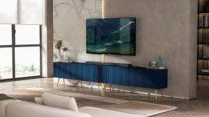 Meble Lindner Loft Szafka RTV Granatowy Mat Nowoczesna Komoda RTV Glamour 300 cm Ryflowane fronty Nogi Złote Metalowe 3