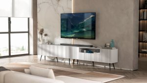 Meble Lindner Komoda RTV Glamour Nowoczesna Szafka RTV Biały Mat Ryflowane fronty Czarne Nogi Metalowe Loft 300 cm 3