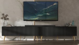 Meble Lindner Loft Szafka RTV Czarny Mat Nowoczesna Komoda RTV Glamour 300 cm Ryflowane fronty Nogi Złote Metalowe 1