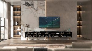 Meble Lindner Meble Lindner Loft Szafka RTV Czarny Mat Nowoczesna Komoda RTV Glamour 300 cm Ryflowane fronty Nogi Złote Metalowe 4
