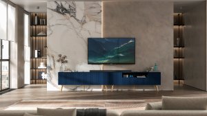 Meble Lindner Komoda RTV Glamour Nowoczesna Szafka RTV Granatowy Mat Ryflowane fronty Złote Nogi Metalowe Loft 300 cm 2