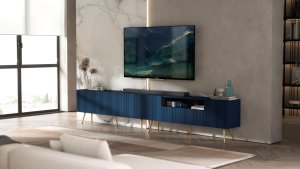 Meble Lindner Komoda RTV Glamour Nowoczesna Szafka RTV Granatowy Mat Ryflowane fronty Złote Nogi Metalowe Loft 300 cm 3