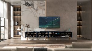 Meble Lindner Komoda RTV Glamour Nowoczesna Szafka RTV Granatowy Mat Ryflowane fronty Złote Nogi Metalowe Loft 300 cm 4