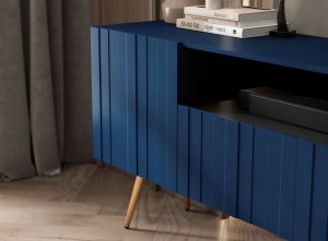 Meble Lindner Komoda RTV Glamour Nowoczesna Szafka RTV Granatowy Mat Ryflowane fronty Złote Nogi Metalowe Loft 300 cm 5