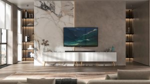 Meble Lindner Meble Lindner Loft Szafka RTV Biały Mat Nowoczesna Komoda RTV Glamour 300 cm Ryflowane fronty Nogi Złote Metalowe 2