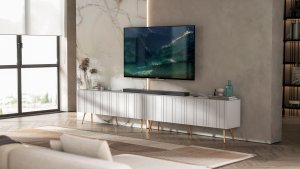 Meble Lindner Meble Lindner Loft Szafka RTV Biały Mat Nowoczesna Komoda RTV Glamour 300 cm Ryflowane fronty Nogi Złote Metalowe 3