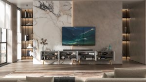 Meble Lindner Meble Lindner Loft Szafka RTV Biały Mat Nowoczesna Komoda RTV Glamour 300 cm Ryflowane fronty Nogi Złote Metalowe 4
