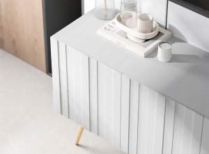 Meble Lindner Meble Lindner Loft Szafka RTV Biały Mat Nowoczesna Komoda RTV Glamour 300 cm Ryflowane fronty Nogi Złote Metalowe 5