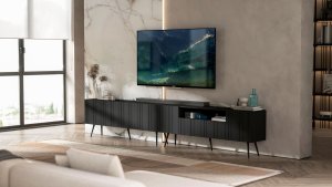 Meble Lindner Komoda RTV Glamour Nowoczesna Szafka RTV Czarny Mat Ryflowane fronty Czarne Nogi Metalowe Loft 300 cm 3