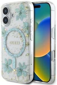 Etui Guess Resin Flowers Glitter MagSafe do iPhone 16 turkusowy 1