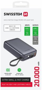 Swissten Power Bank 20000 mAh with Built-In Cables USB-C and Lightning 3