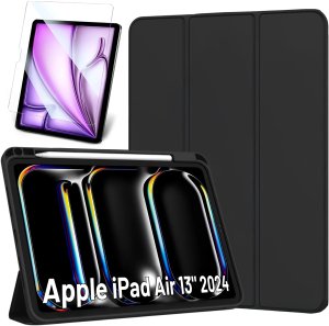 Etui ochronne z miejscem na rysik do Apple iPad Air 13" 2024/2025, iPad Pro 12.9"2018-2022 Alogy Book Cover Case obudowa na tablet Czarne + Szkło 1