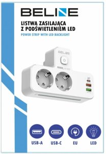 Listwa zasilająca Beline                 z podświetleniem LED 2xUSB-A/USB-C/2xAC biały 7
