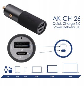 Ładowarka samochodowa USB AK-CH-26 USB-A + USB-C PD 5-20V / max. 5A 100W Quick Charge 3.0 GaN 6