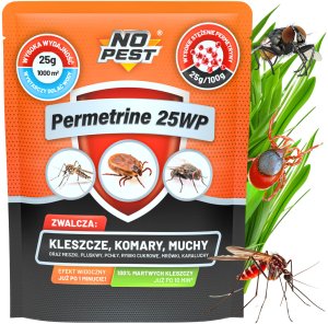 Proszek Preparat Środek Oprysk na Kleszcze Komary Muchy Meszki Pluskwy Rybiki Mrówki i Inne Owady 25g/10L Permetrine 25WP 1