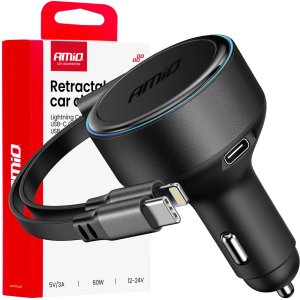 Ładowarka samochodowa ze zwijanym kablem typ c + lightning iphone + usb-c 12v 24v 60w amio-04370 1