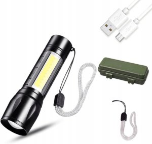 Latarka Taktyczna LED Szperacz Akumulatorowa Zoom Mocna USB | Kabel   Etui 1