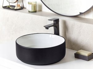 Umywalka Beliani Umywalka nablatowa ceramiczna ⌀ 36 cm biała z czarnym CALIG 2