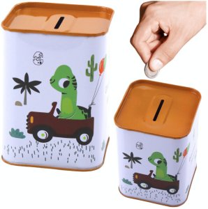 Skarbonka Dinozaur W Samochodzie Nauka Oszczędzania Metalowa Biała 11x8cm 2