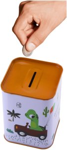 Skarbonka Dinozaur W Samochodzie Nauka Oszczędzania Metalowa Biała 11x8cm 3