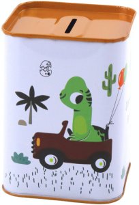 Skarbonka Dinozaur W Samochodzie Nauka Oszczędzania Metalowa Biała 11x8cm 4