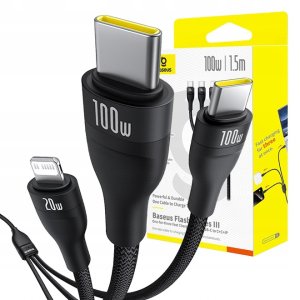 Kabel 3w1 Baseus Flash Series 3 100W USB-C - USB-C+USB-C+Lightning 1,5m + 3 x 0,25 m - czarny 1