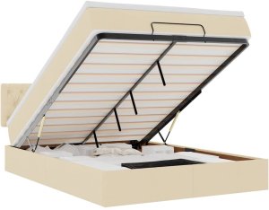 vidaXL Łóżko Ottoman z materacem i diodami LED kremowe 140x190 cm 2