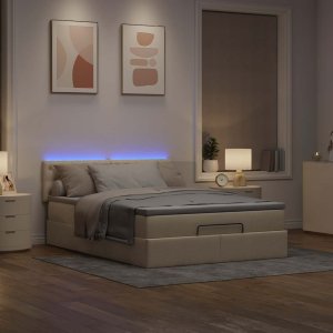 vidaXL Łóżko Ottoman z materacem i diodami LED kremowe 140x190 cm 3