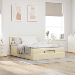 vidaXL Łóżko Ottoman z materacem i diodami LED kremowe 140x190 cm 4