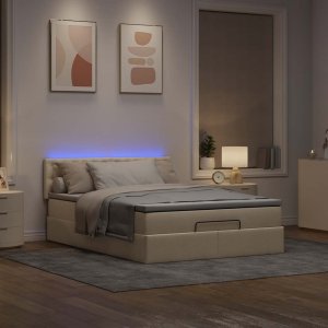 vidaXL Łóżko Ottoman z materacem i diodami LED kremowe 140x190 cm 3